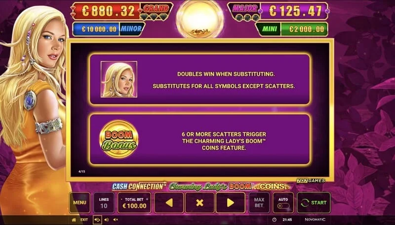 Cash Connection - Charming Lady's Boom Coins - start of Boom Coins round on 7x5 grid